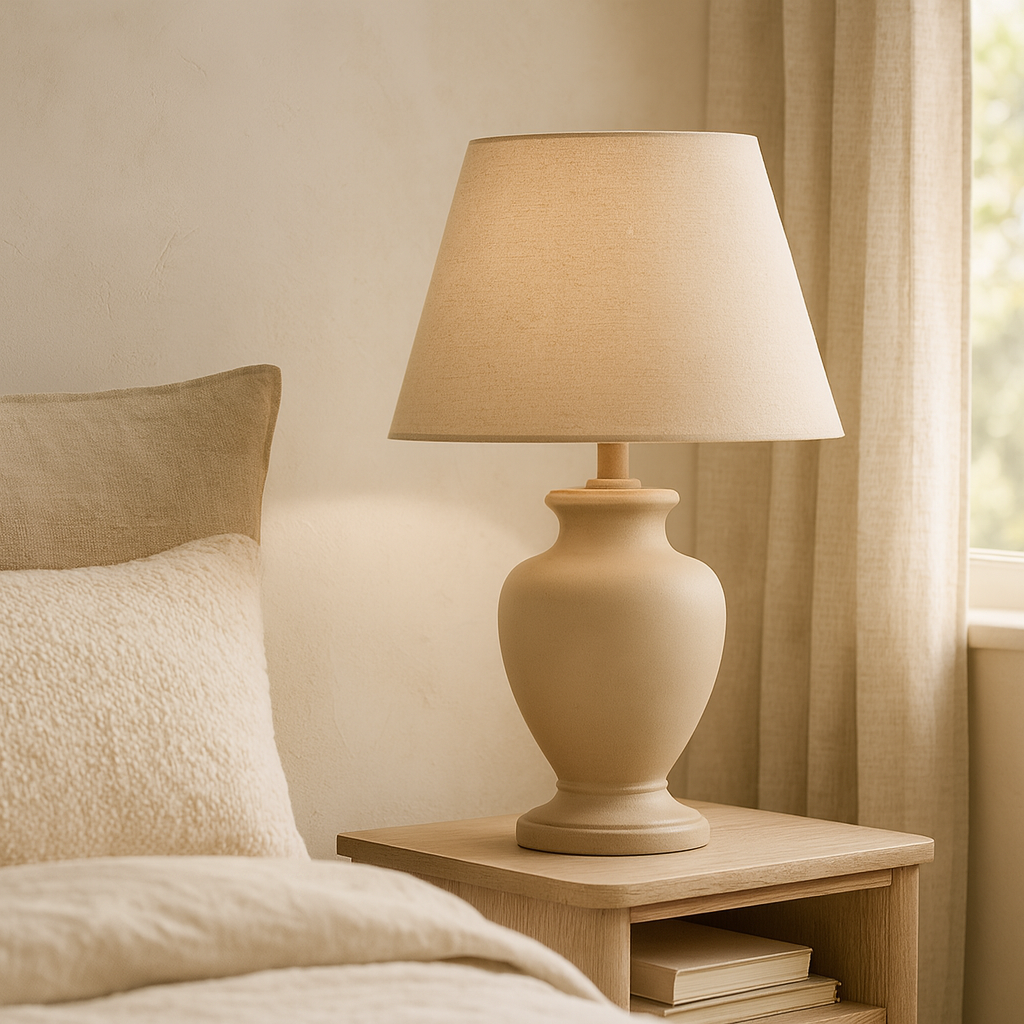 Beżowa ceramiczna lampa stołowa z materiałowym abażurem