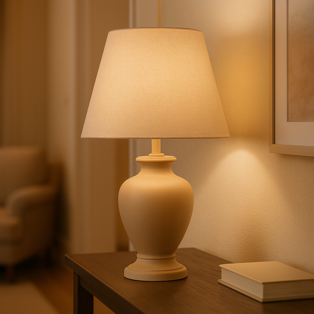 Beżowa ceramiczna lampa stołowa z materiałowym abażurem