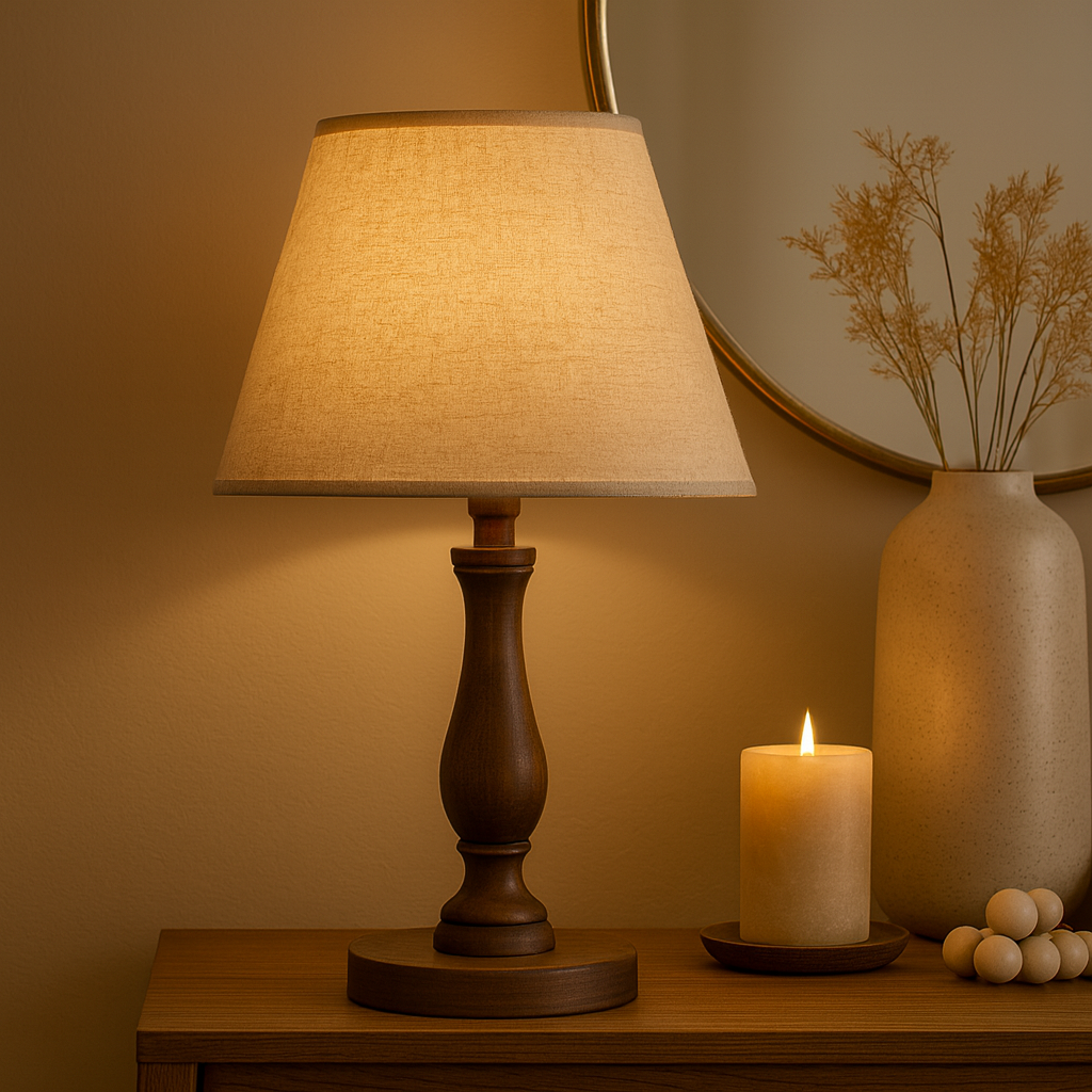 Drewniana lampa stołowa w kolorze orzechowego brązu